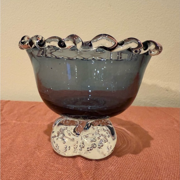 Vintage Art Glass Ruffled Crimped Bowl Bullicante Pedestal - Picture 2 of 8